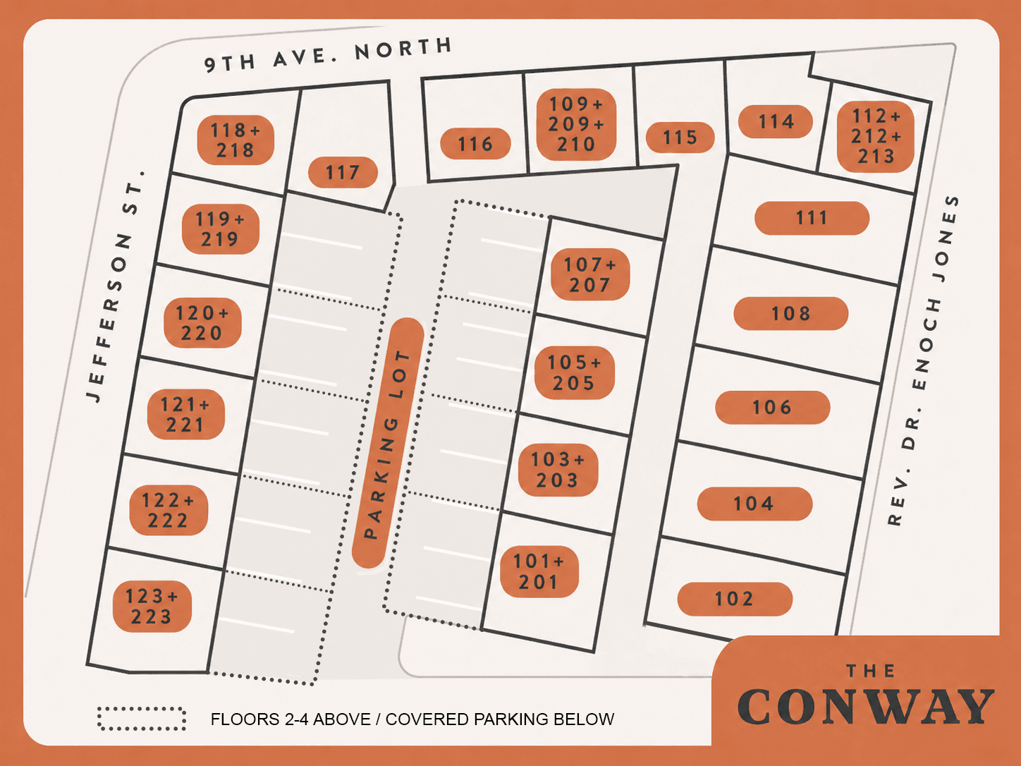 The Conway site map: 35 suites in three rows, with covered parking at the center