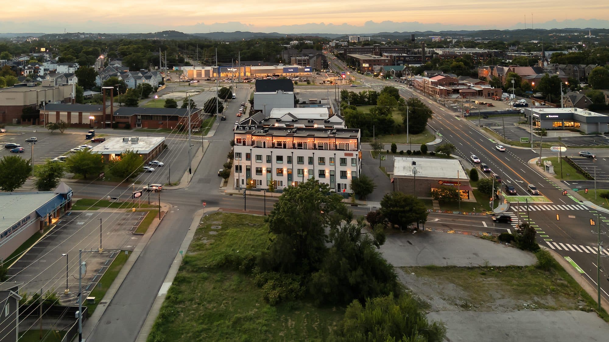 The Conway and the downtown skyline at twilight