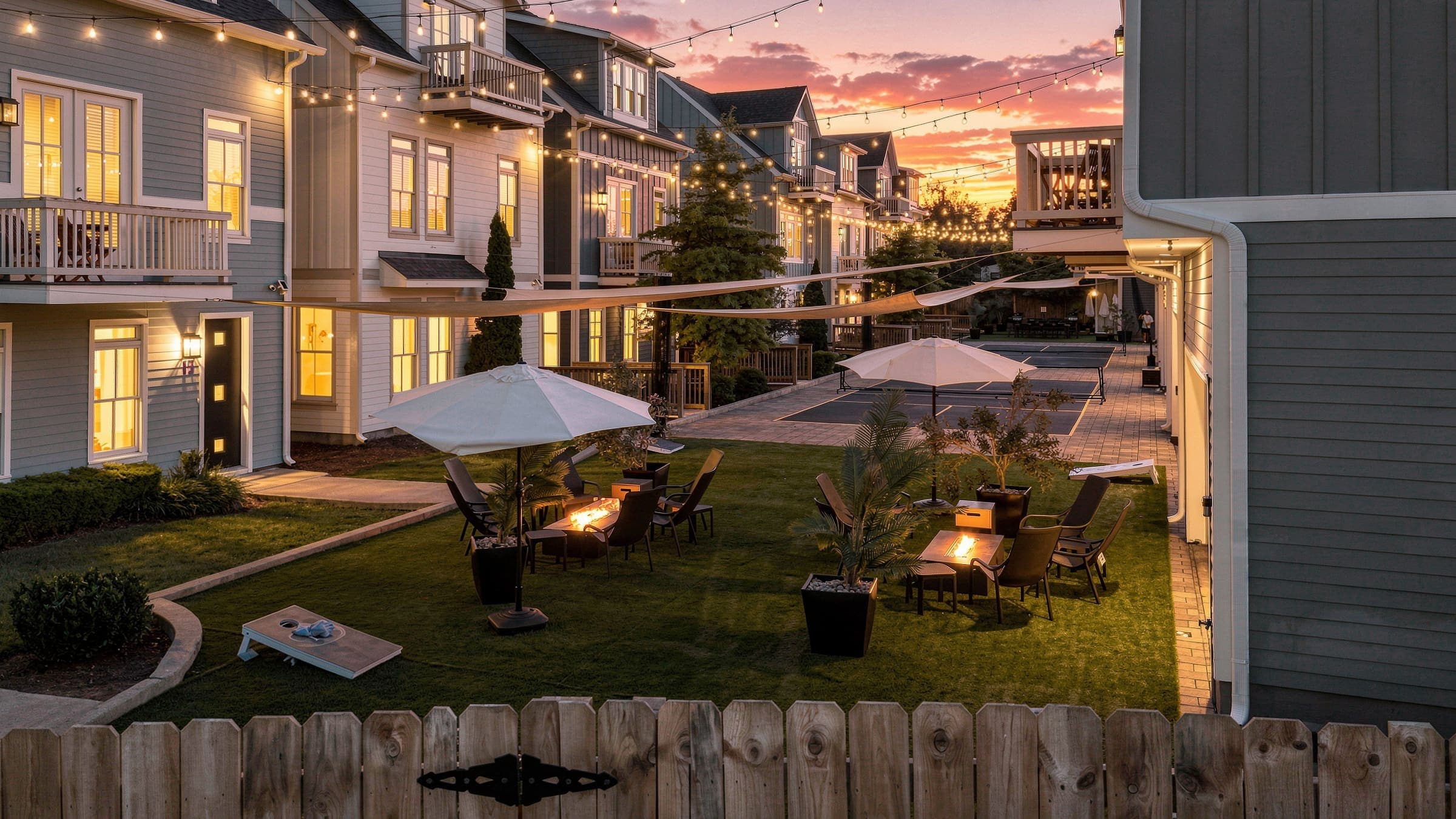 The Monroe's shared courtyard at twilight